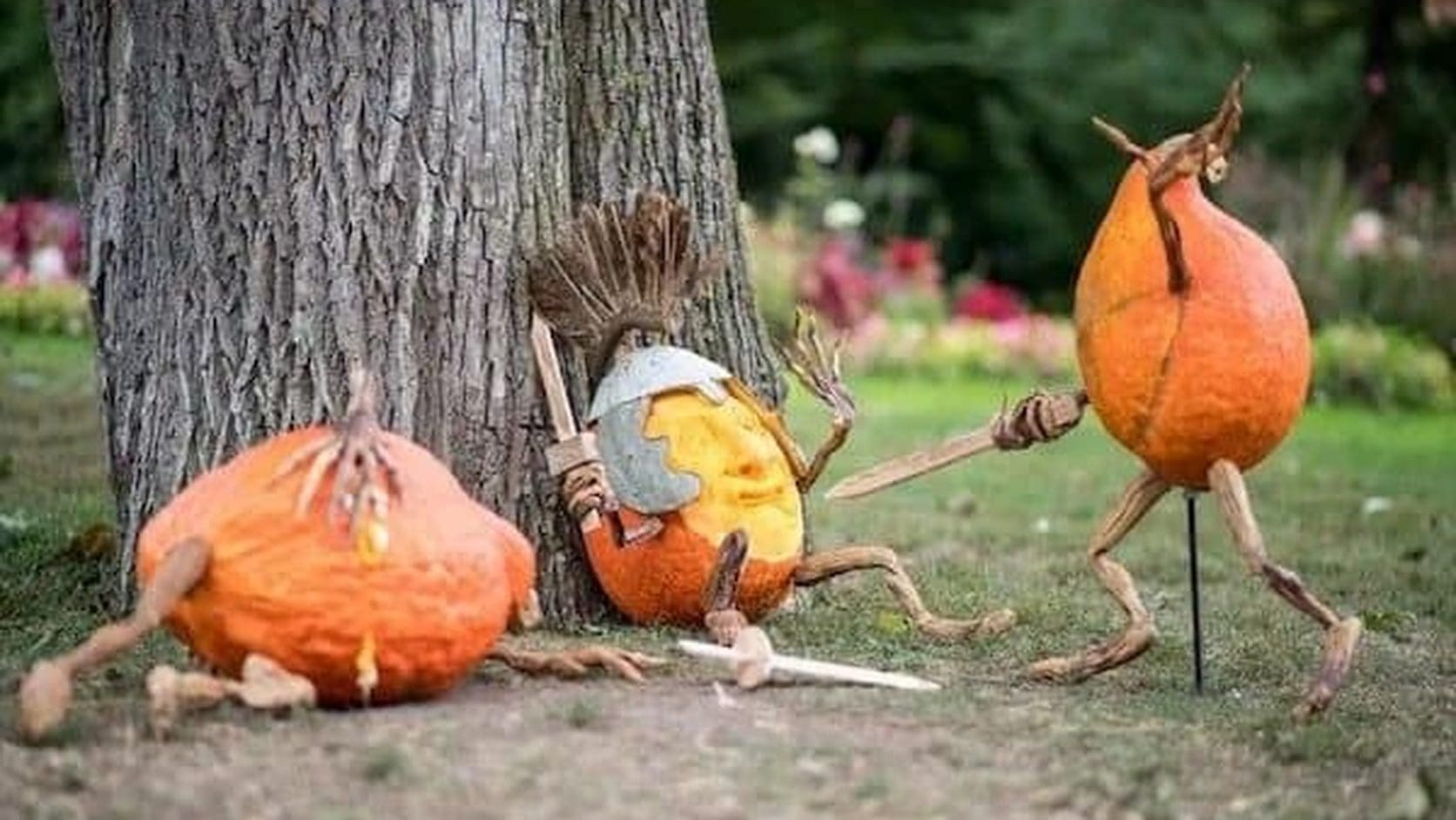 Meme dump featured image of pumpkins with stick arms and legs staged as knights in a sword fight beside a tree.