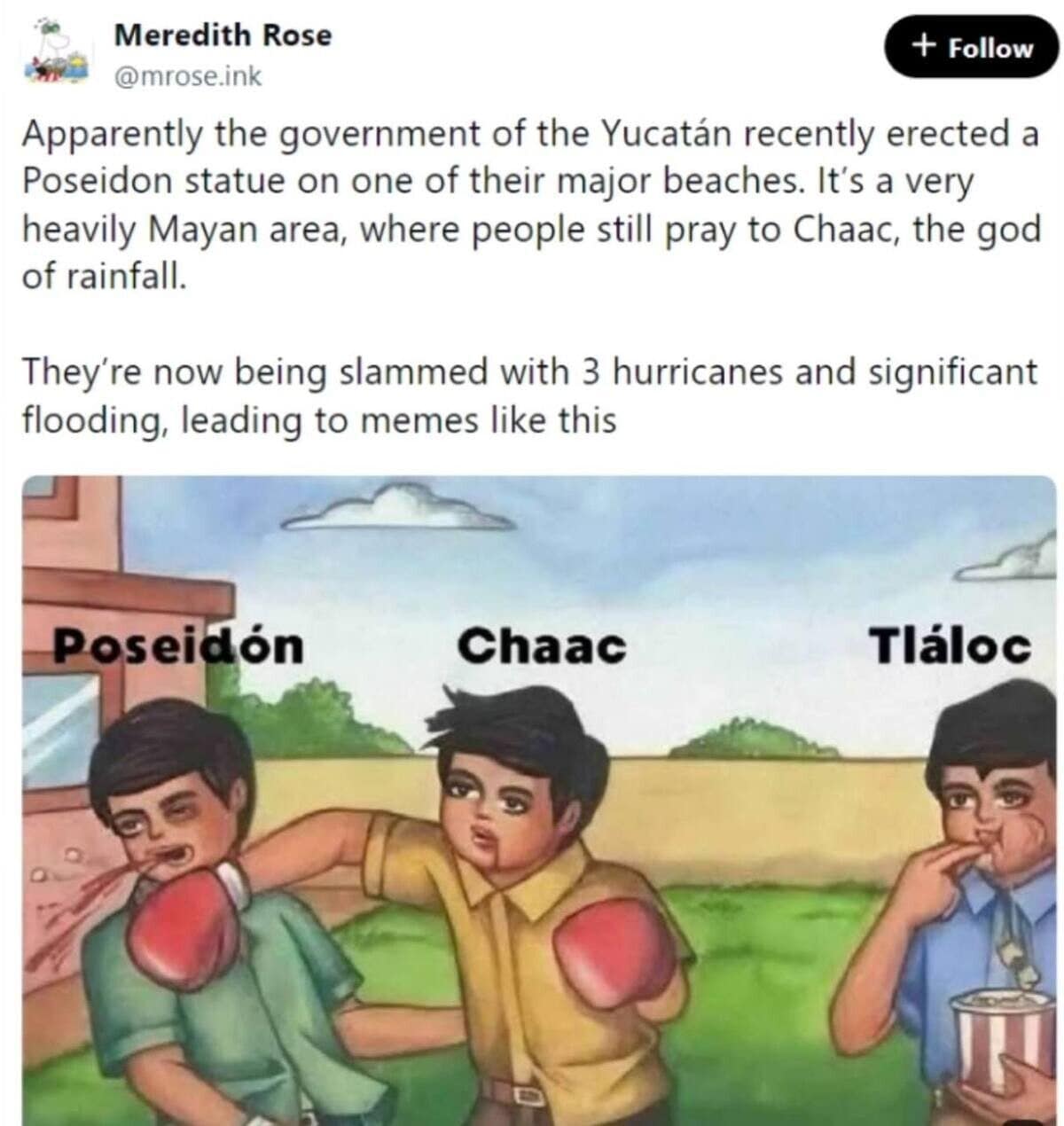 Comic of Chaac punching Poseidon while Tláloc eats popcorn, about Yucatán hurricanes and a statue.