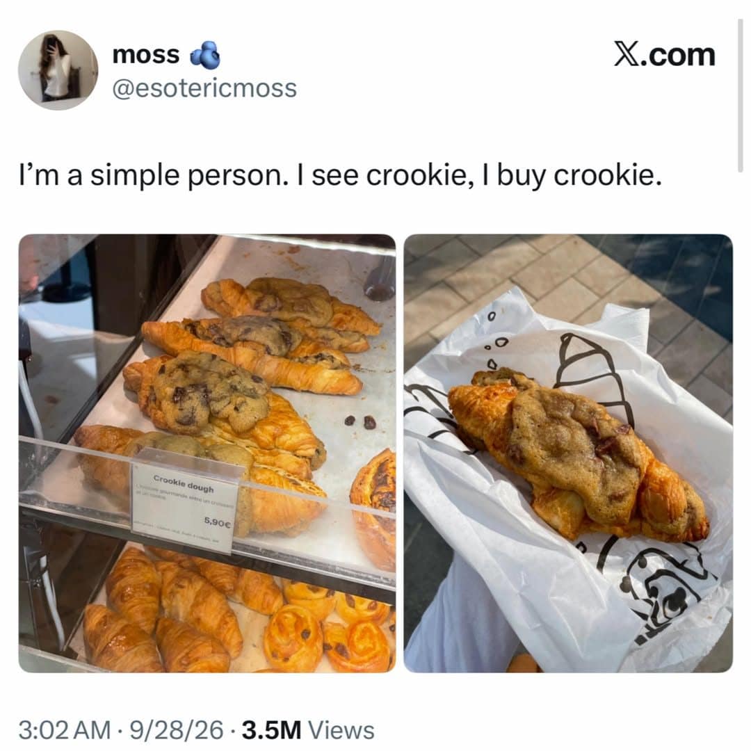 Bakery case of crookies, croissants baked with cookie dough, in today's meme dump.