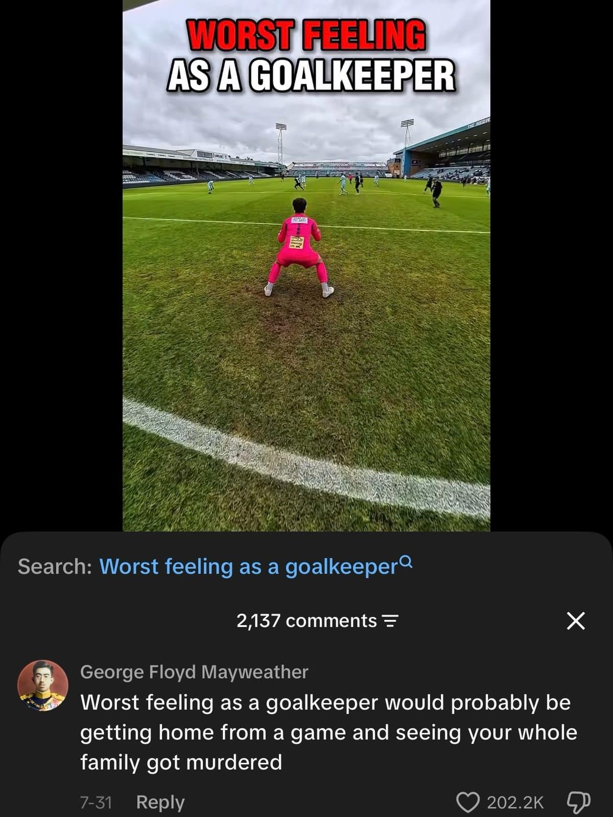 Goalkeeper in pink crouching in front of goal, with a dark comment under the video.