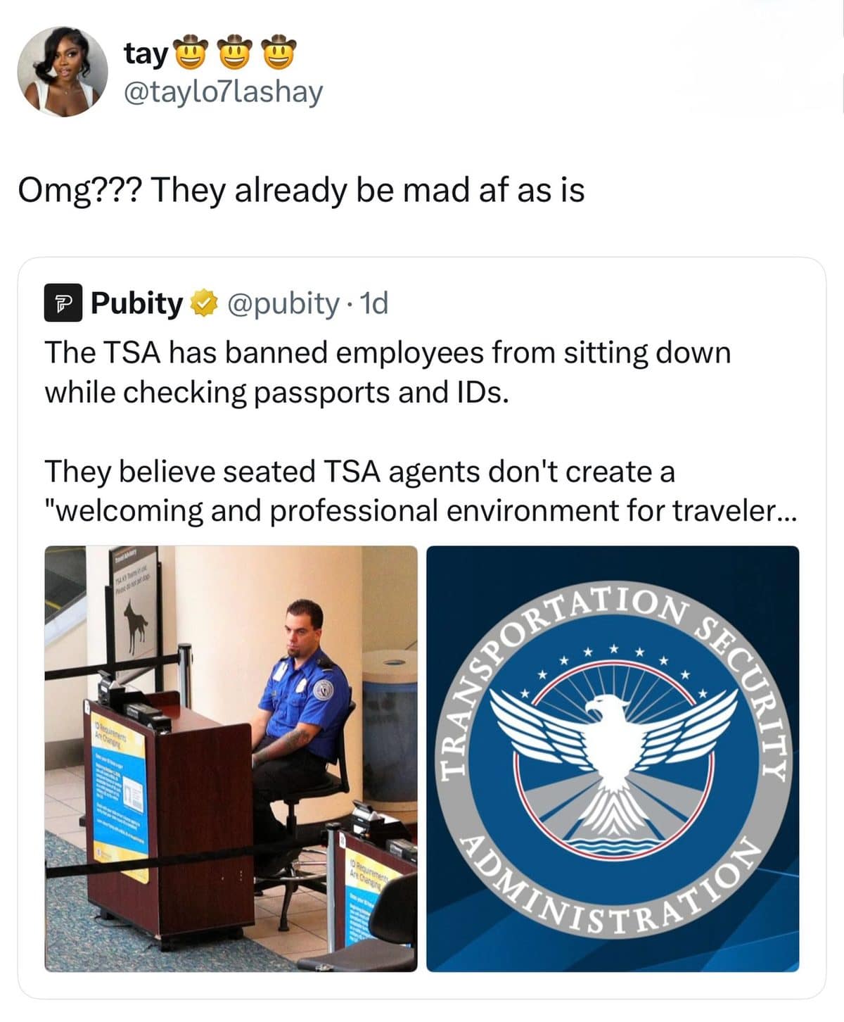 Tweet reacting to news that TSA agents can no longer sit while checking IDs.