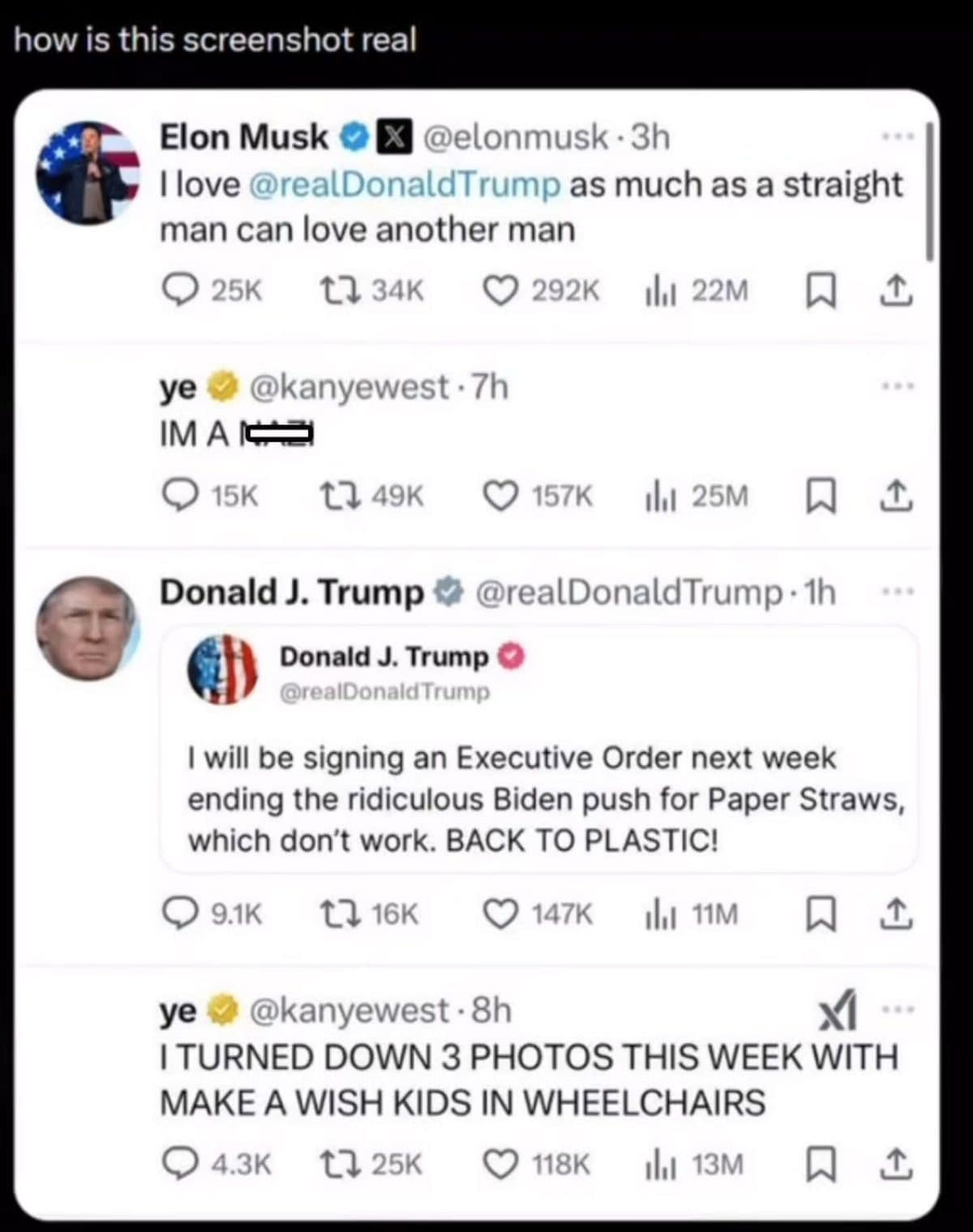 Meme dump screenshot of strange tweets from Elon Musk, Ye and Donald Trump.