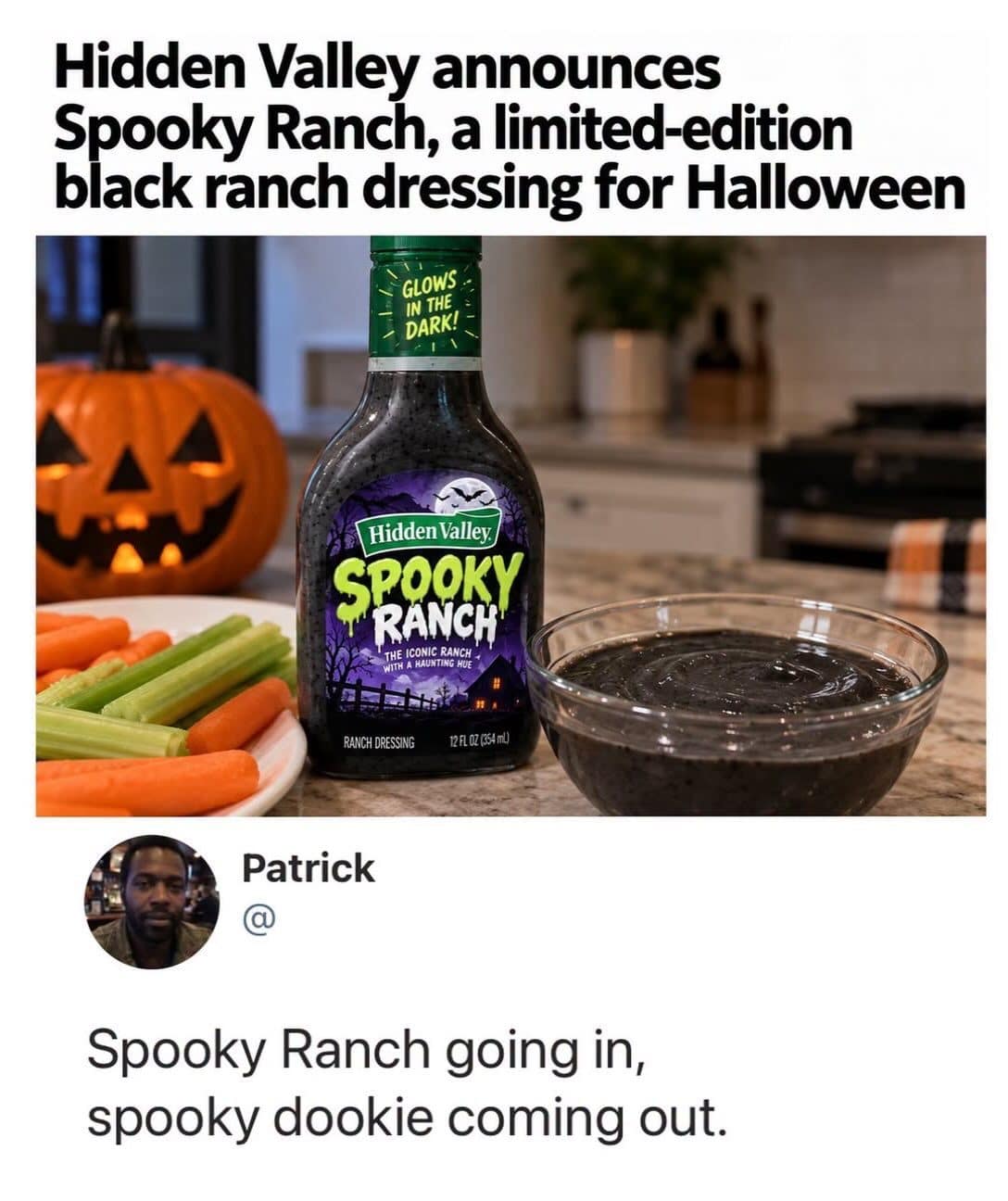 Spooky Ranch, a black ranch dressing beside a jack o' lantern, in this meme dump.