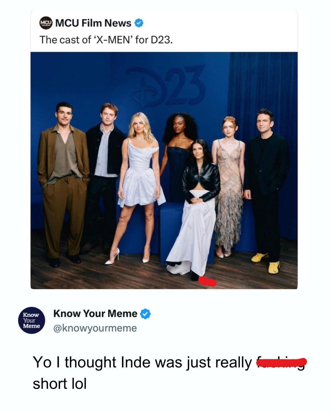X-Men cast photo at D23 with a joke about one seated actor seeming very short.