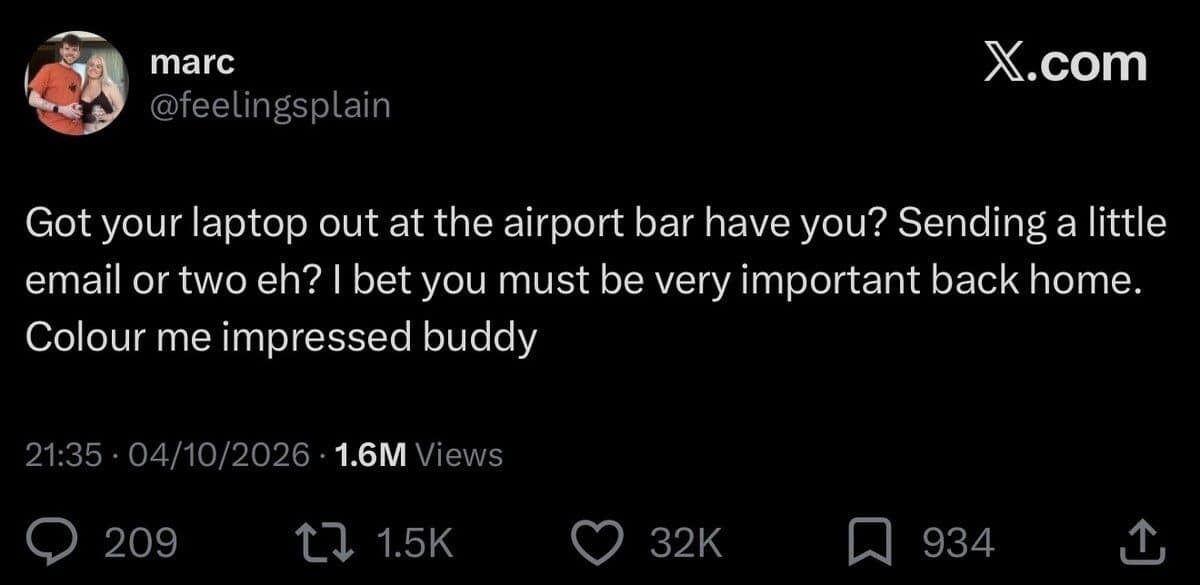 Meme dump tweet roasting a man sending emails on his laptop at an airport bar.