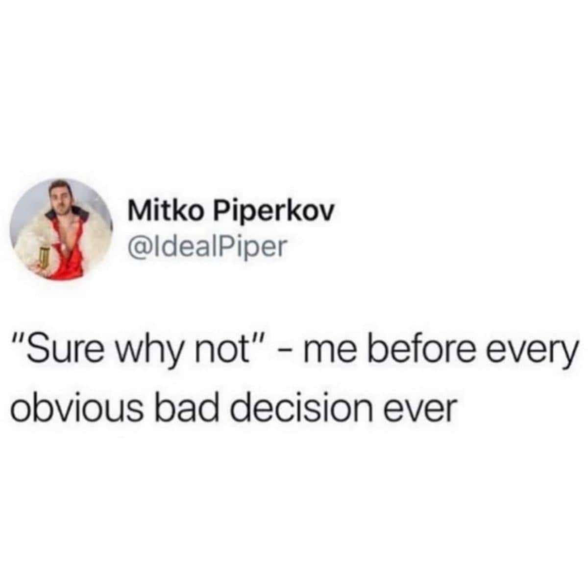 Tweet saying sure why not comes right before every obvious bad decision.
