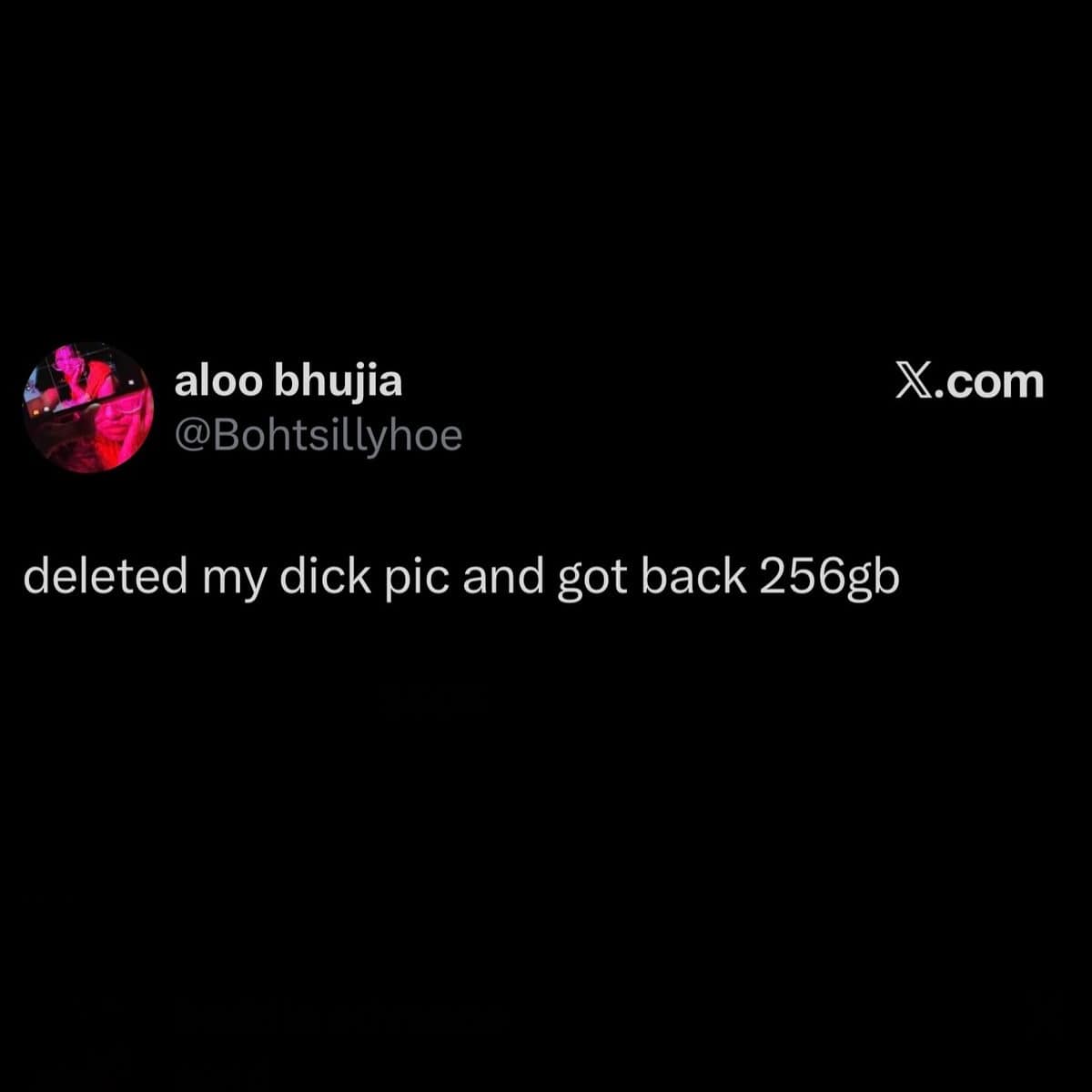 Crude meme dump tweet about deleting one embarrassing photo and freeing up 256GB of storage.