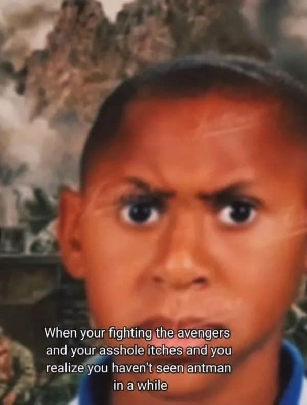 Wide-eyed kid meme about fighting the Avengers and suddenly wondering where Ant-Man went.