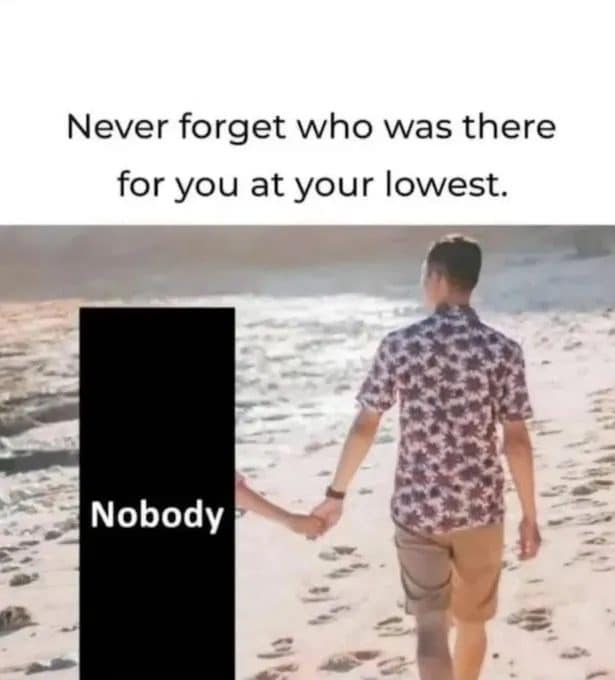 Meme dump joke showing Nobody holding hands on a beach: who was there at your lowest.