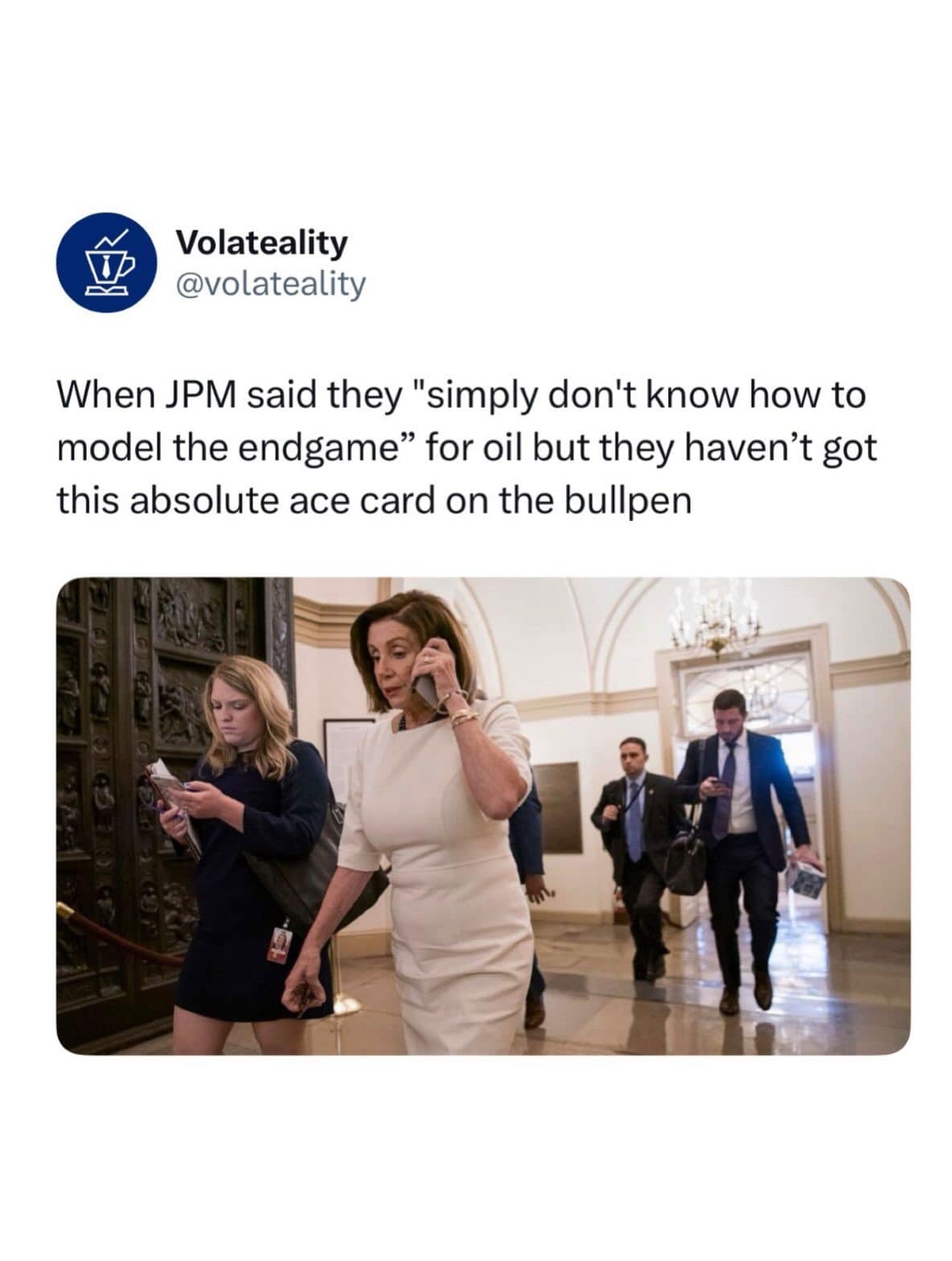 Meme dump tweet pairing oil market forecasts with Nancy Pelosi on the phone.