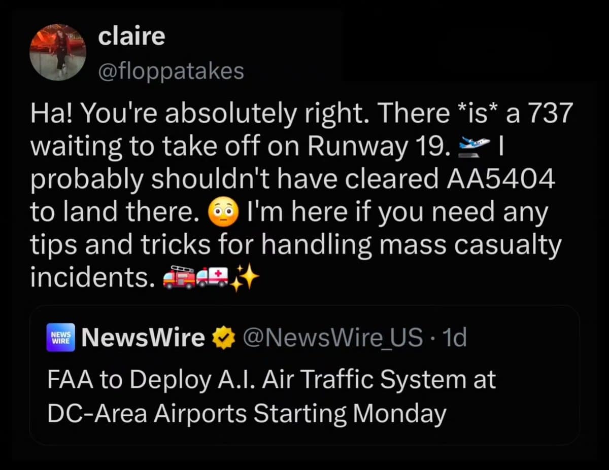 Parody air traffic controller tweet reacting to news of an AI system at DC airports.