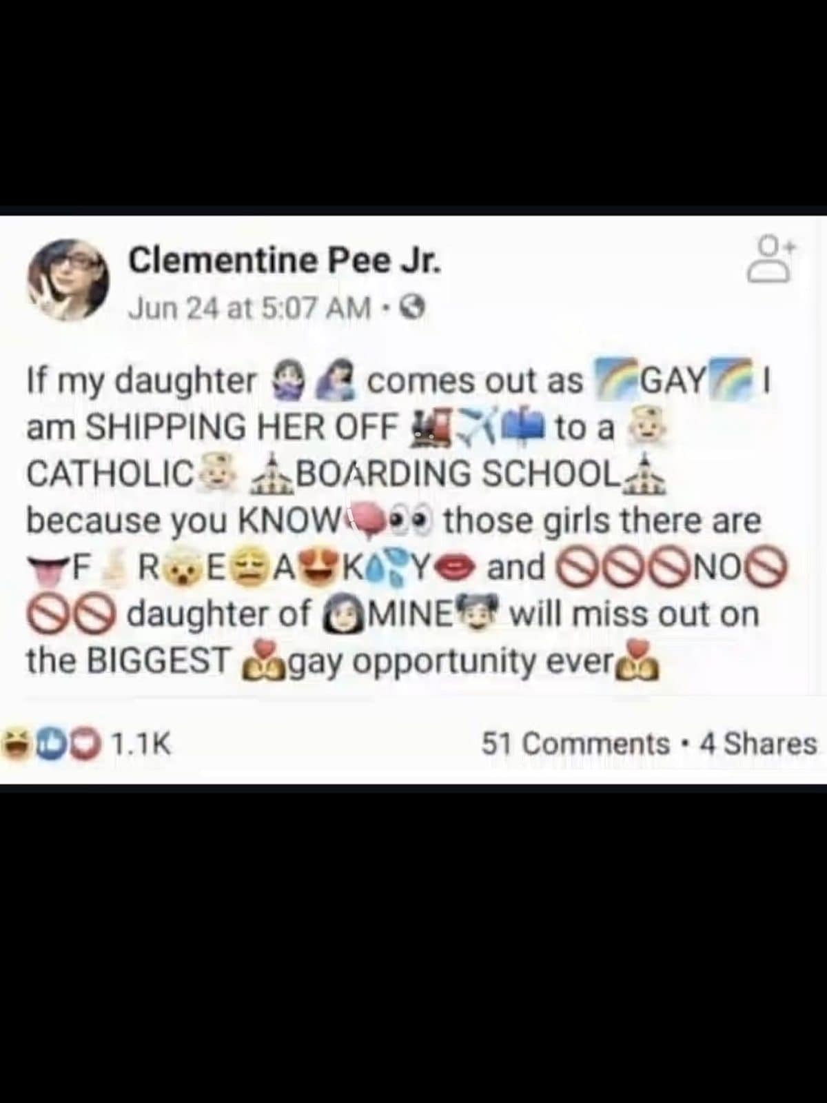 Satirical Facebook post full of emojis about sending a daughter to Catholic boarding school.