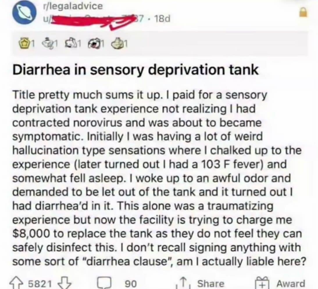 Reddit legal advice post about an $8,000 bill after getting sick in a sensory tank.