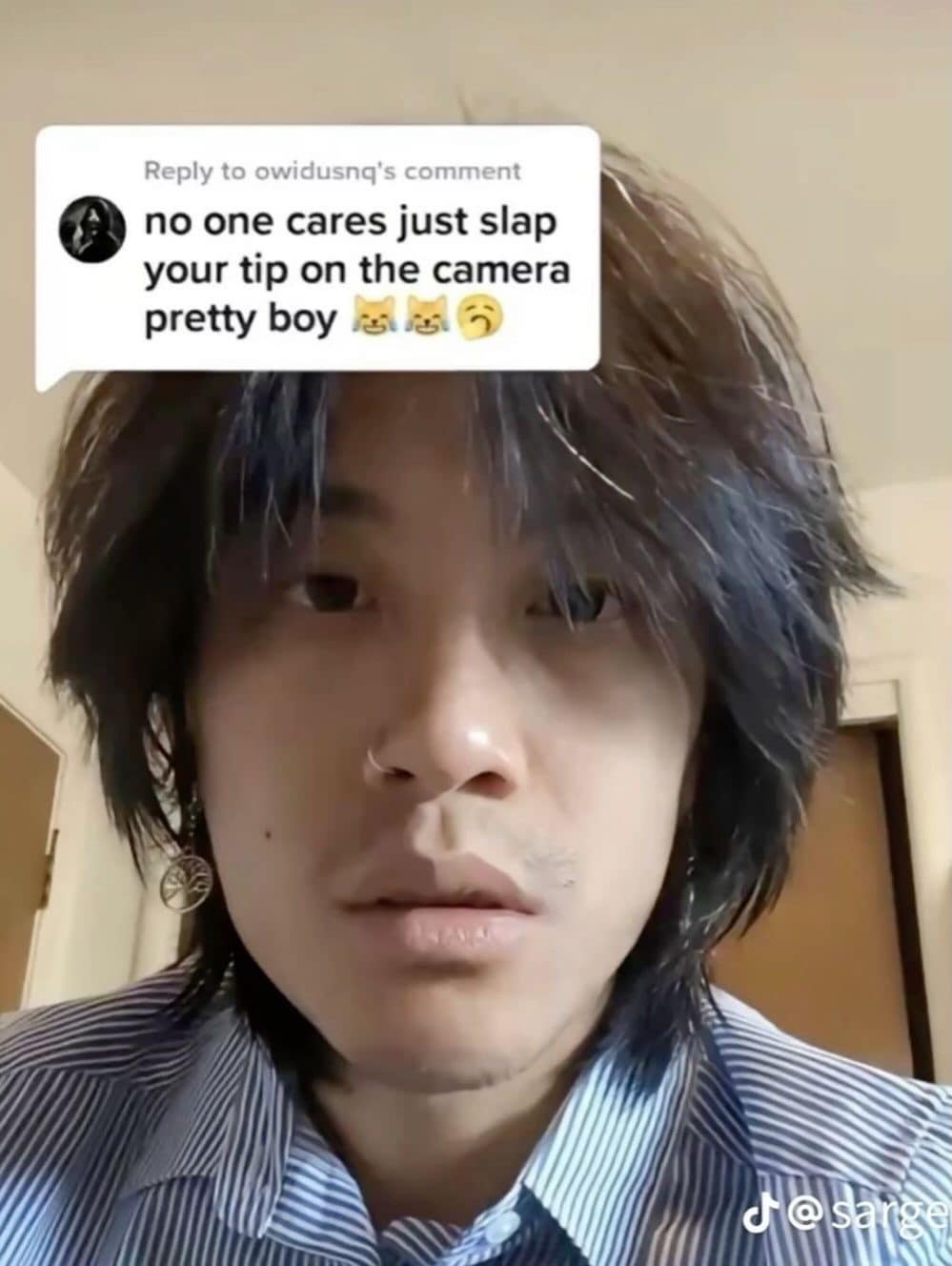 TikTok frame of a long haired man in a striped shirt under a cheeky comment.