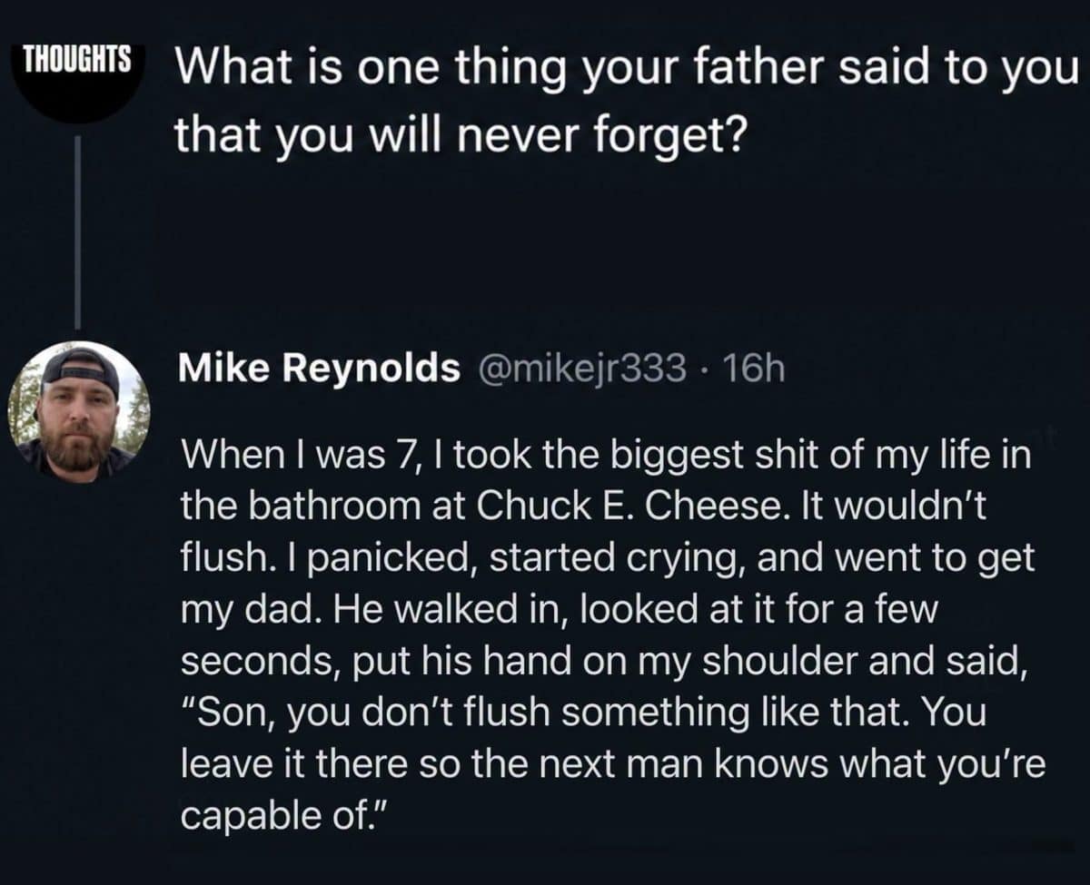 Meme dump tweet about a dad's unforgettable advice over a clogged Chuck E. Cheese toilet.