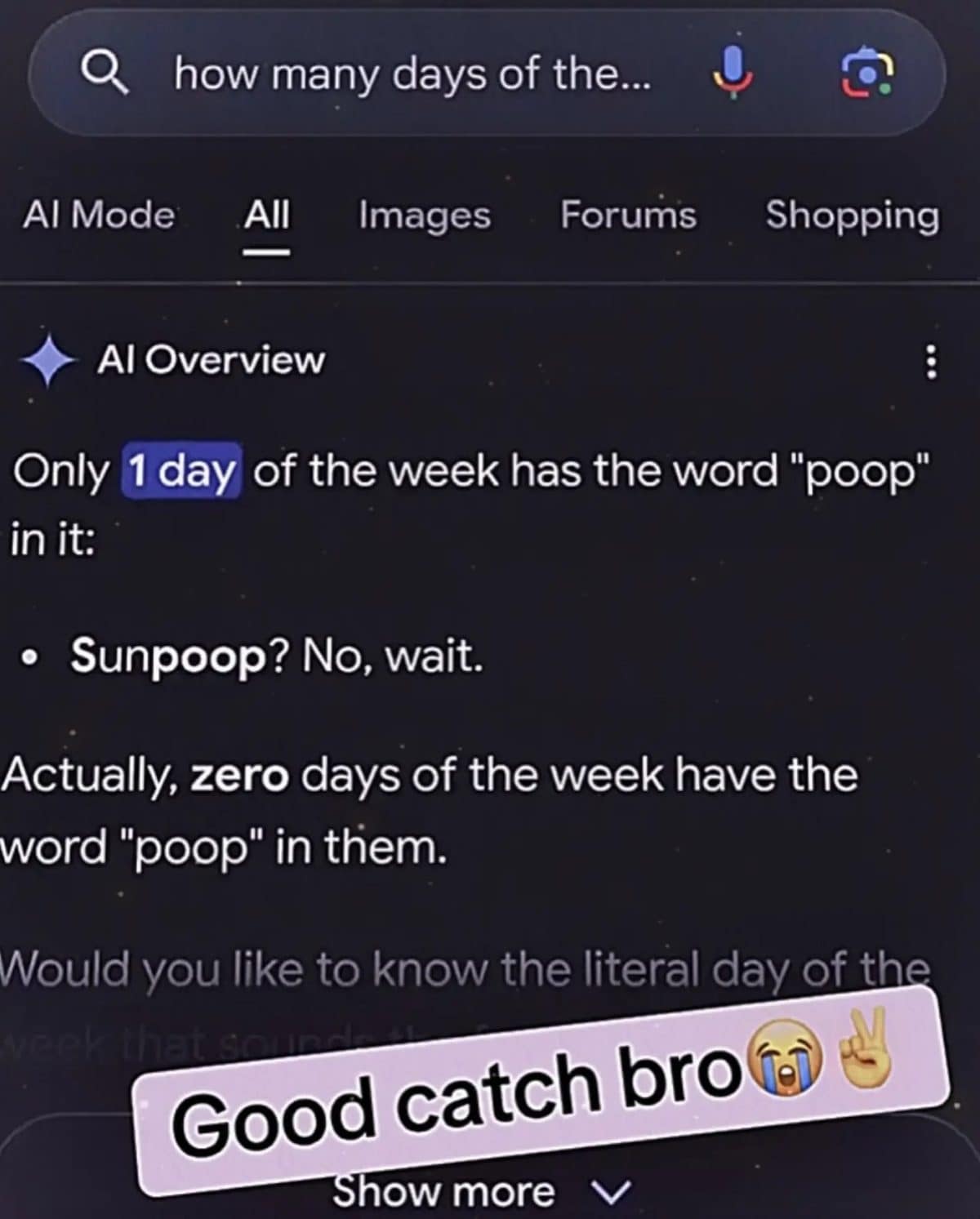 Search AI overview claims one weekday contains the word poop, then corrects itself to zero.
