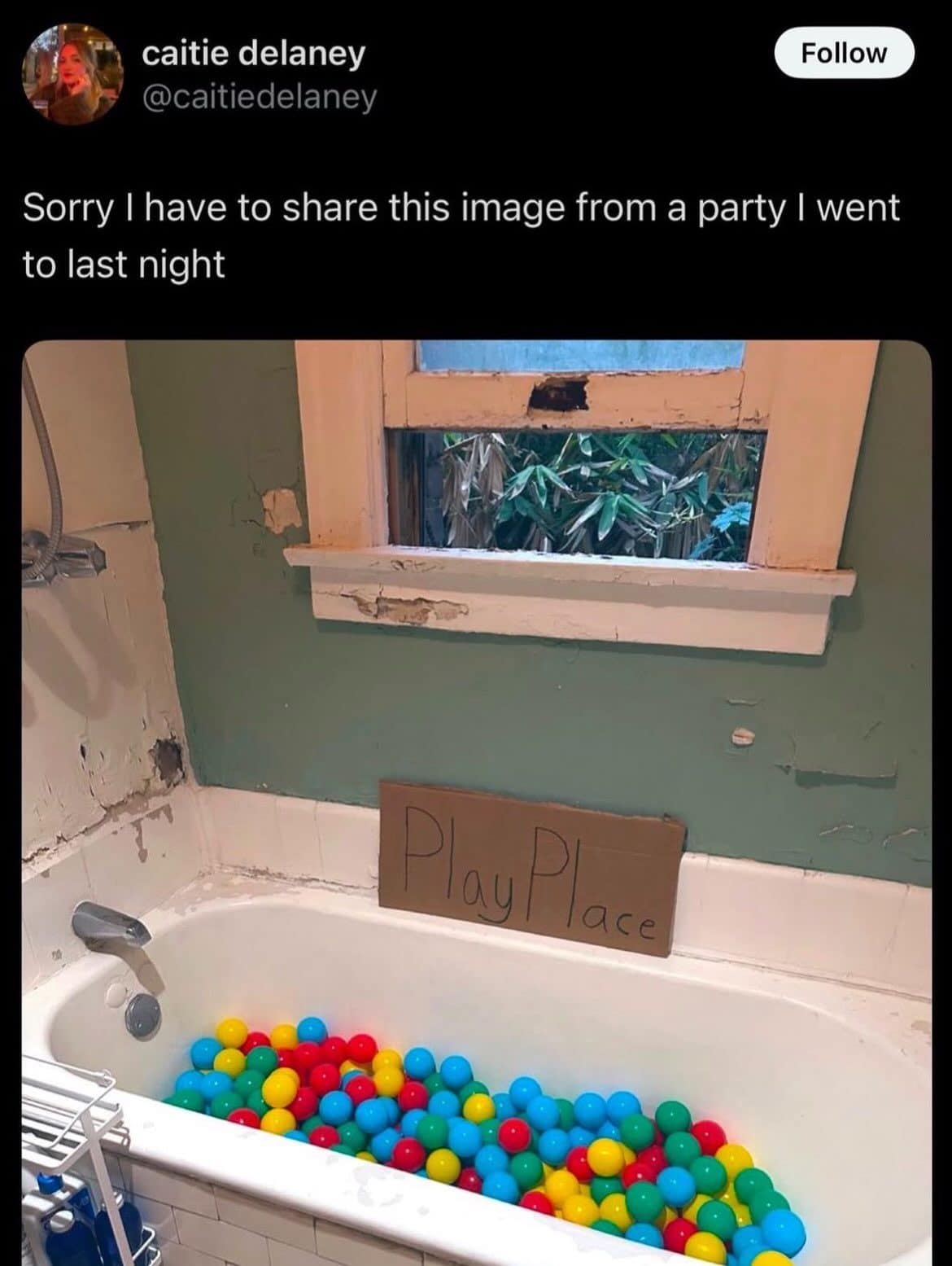 Bathtub filled with plastic balls and a cardboard Play Place sign in this meme dump.