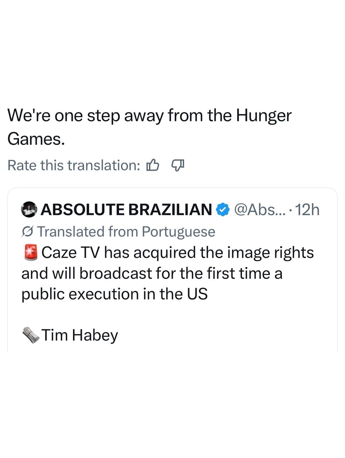 Translated tweet joking about a network broadcasting a US execution, compared to the Hunger Games