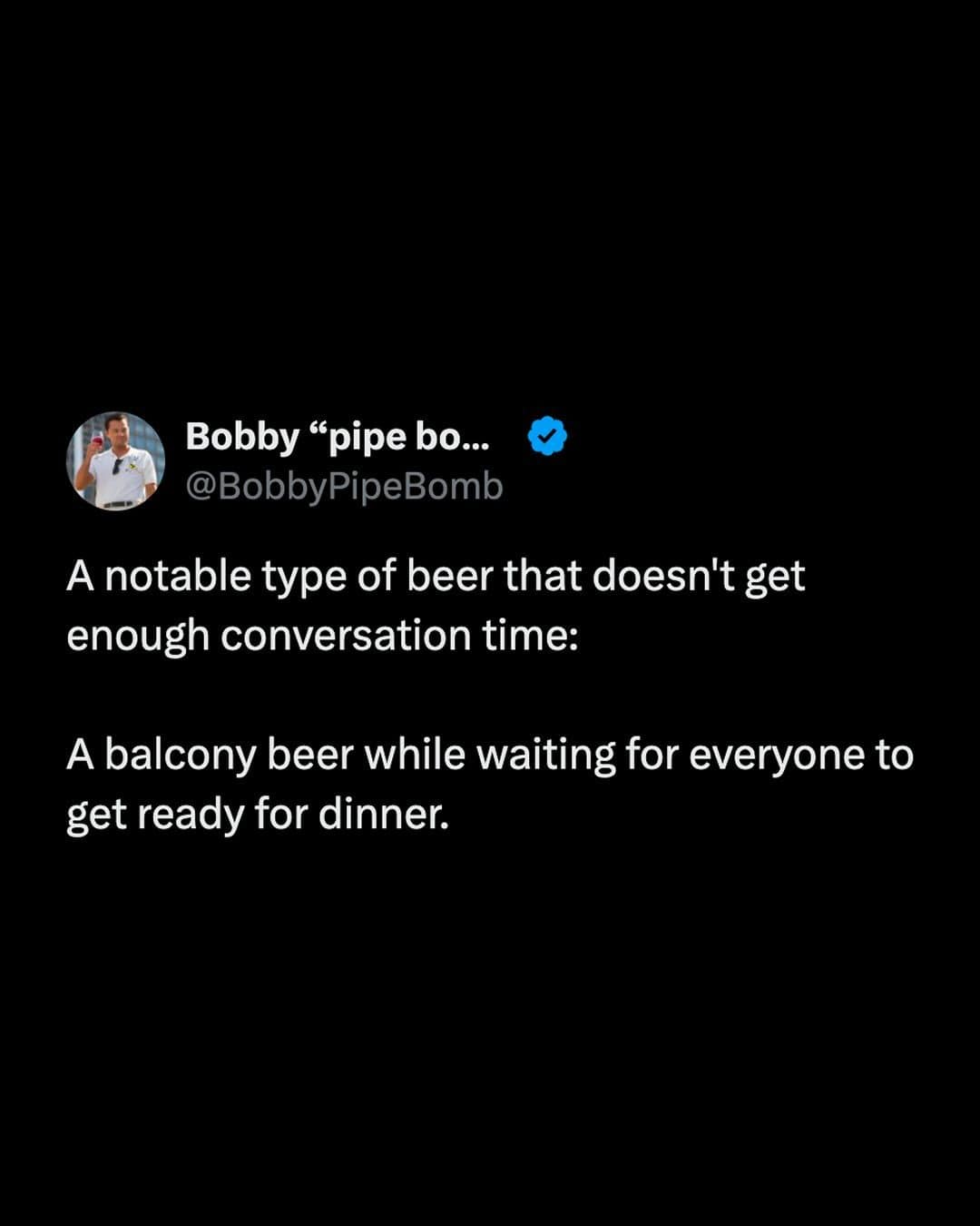 Tweet praising the balcony beer while waiting for everyone to get ready for dinner