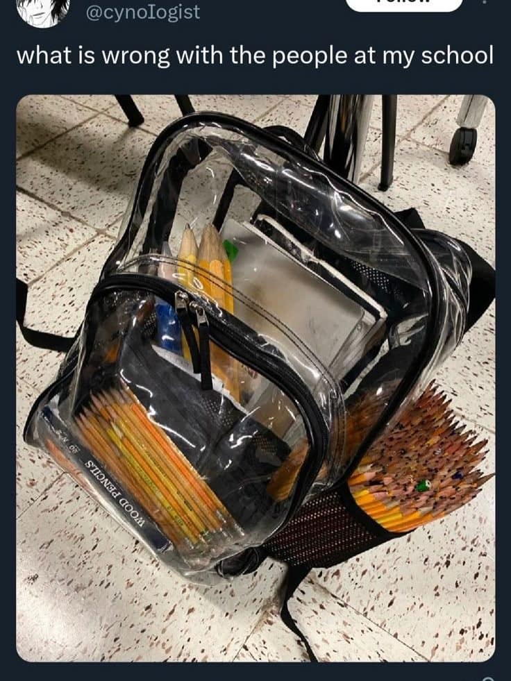 Meme dump photo of a clear school backpack stuffed with dozens of wooden pencils