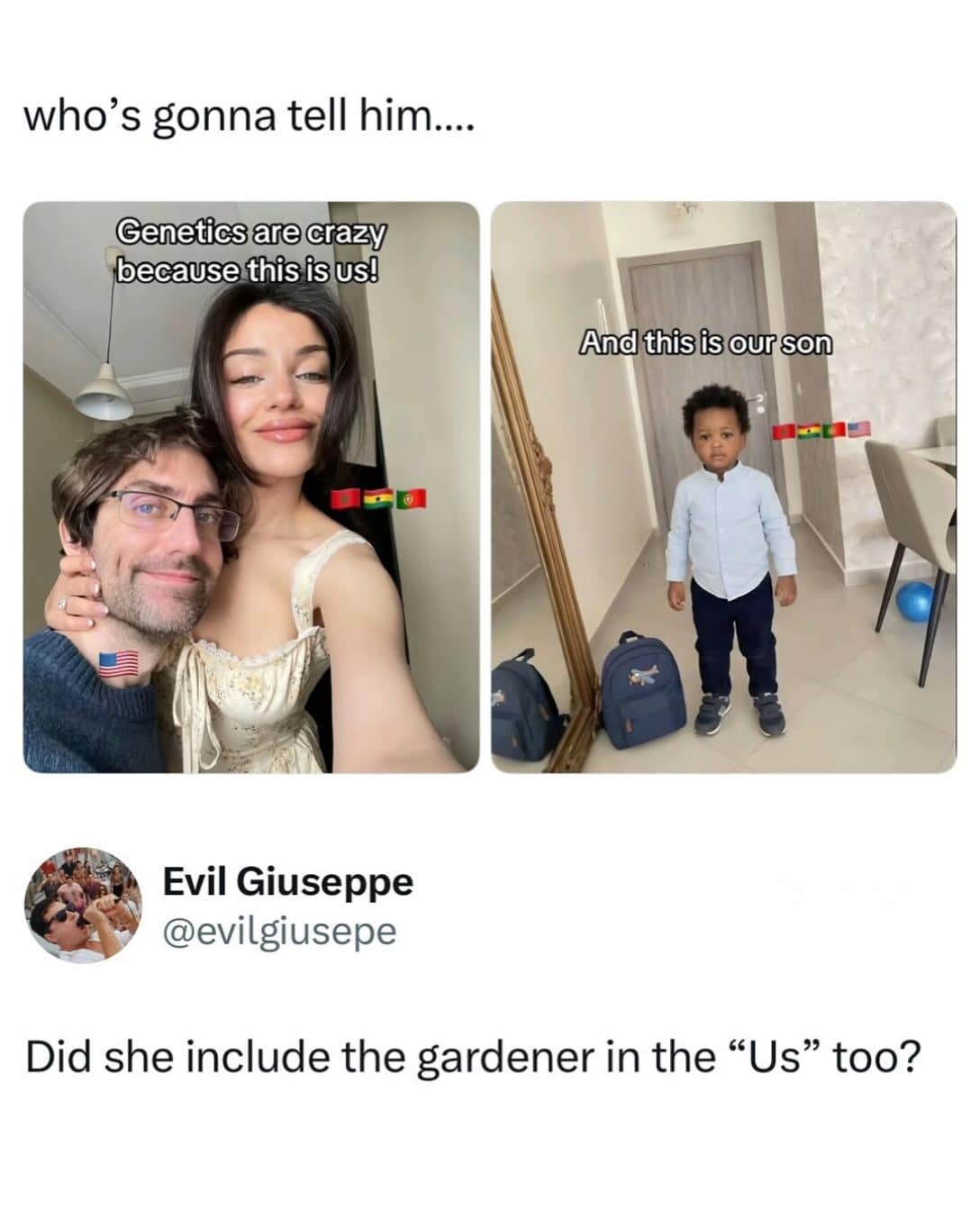 Couple selfie captioned genetics are crazy, with a reply joking about the gardener