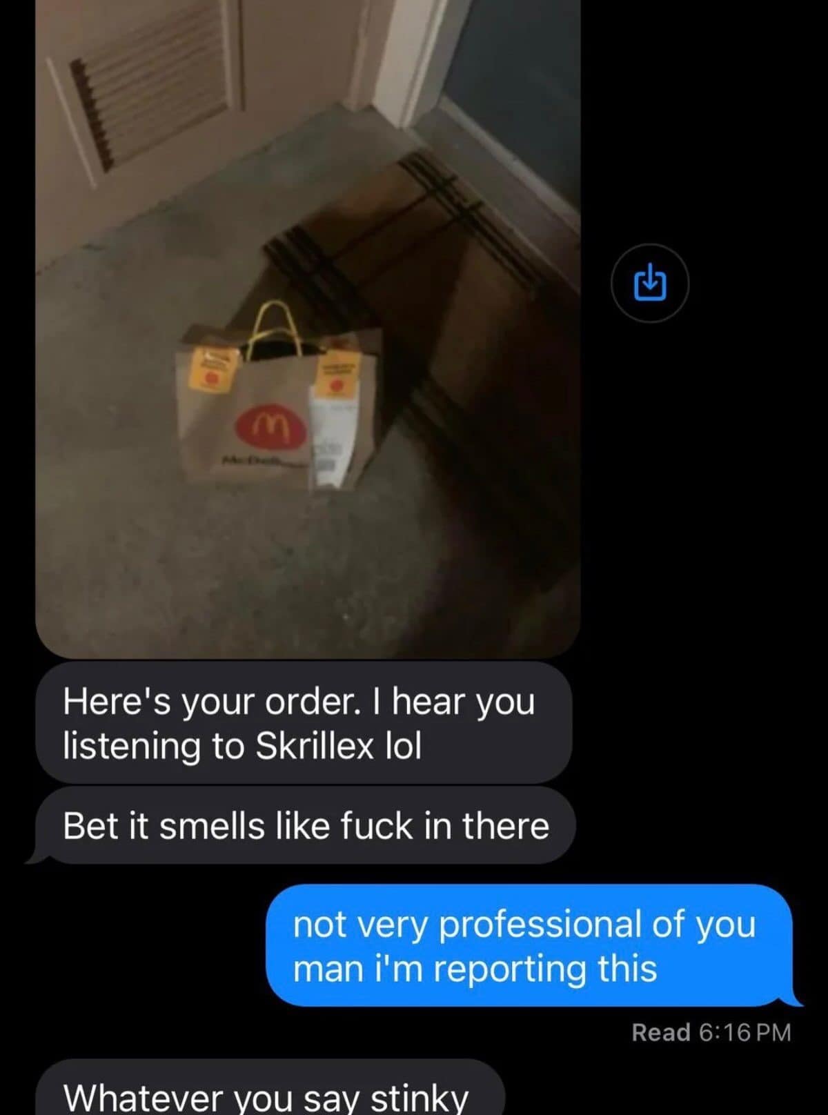 Meme dump text thread where a McDonald's delivery driver teases a customer about Skrillex