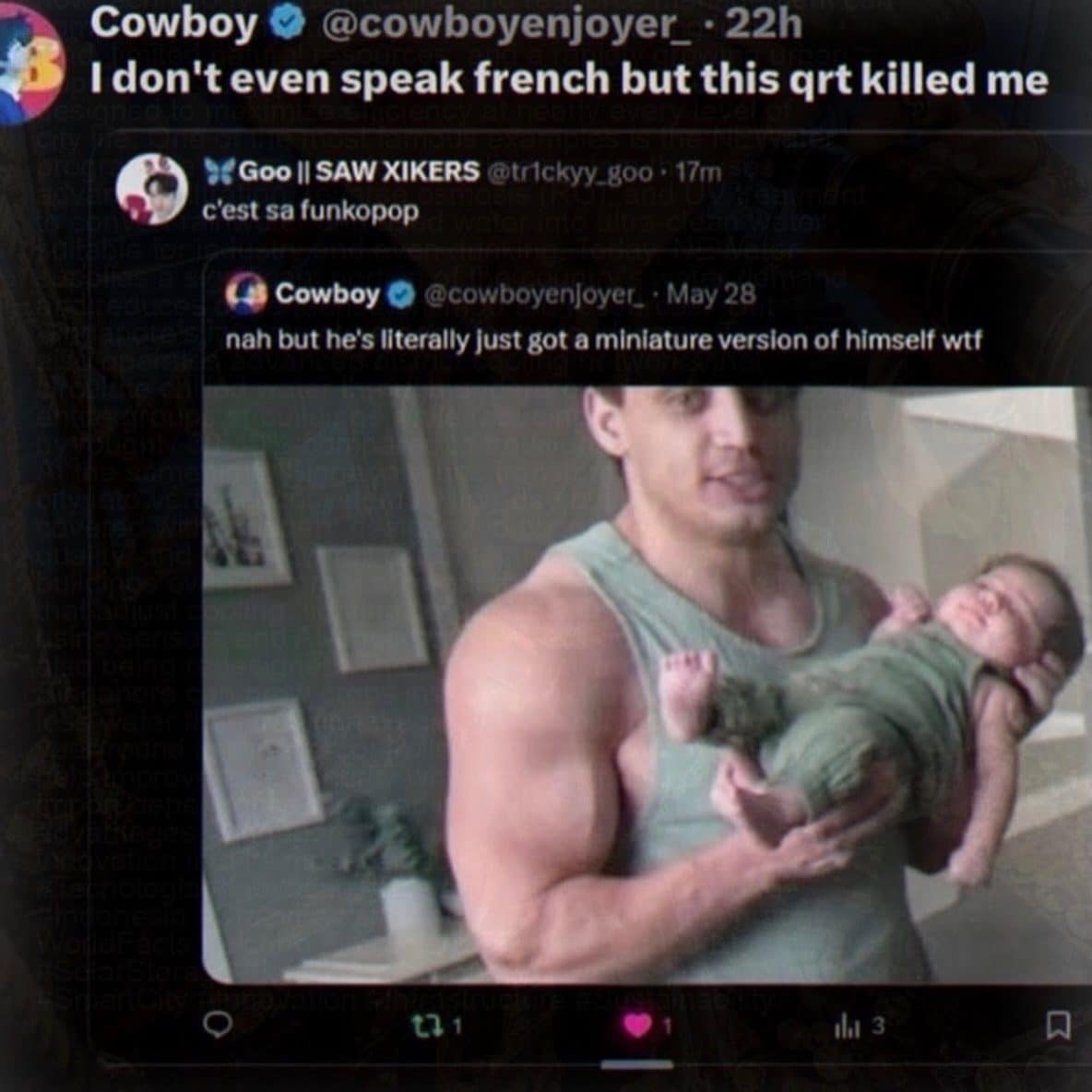 In this meme dump, a muscular dad holds a baby who looks like his miniature
