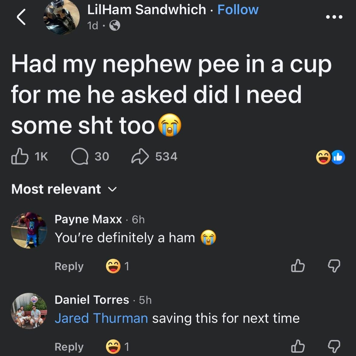 Facebook post about asking a nephew for a sample cup, with a ham joke reply