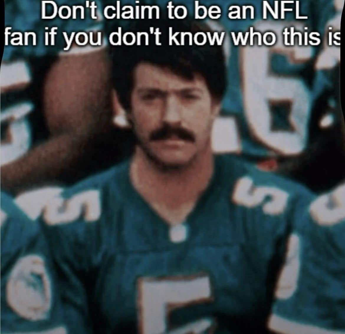 Mustached Miami Dolphins player in a teal jersey under an NFL fan challenge caption