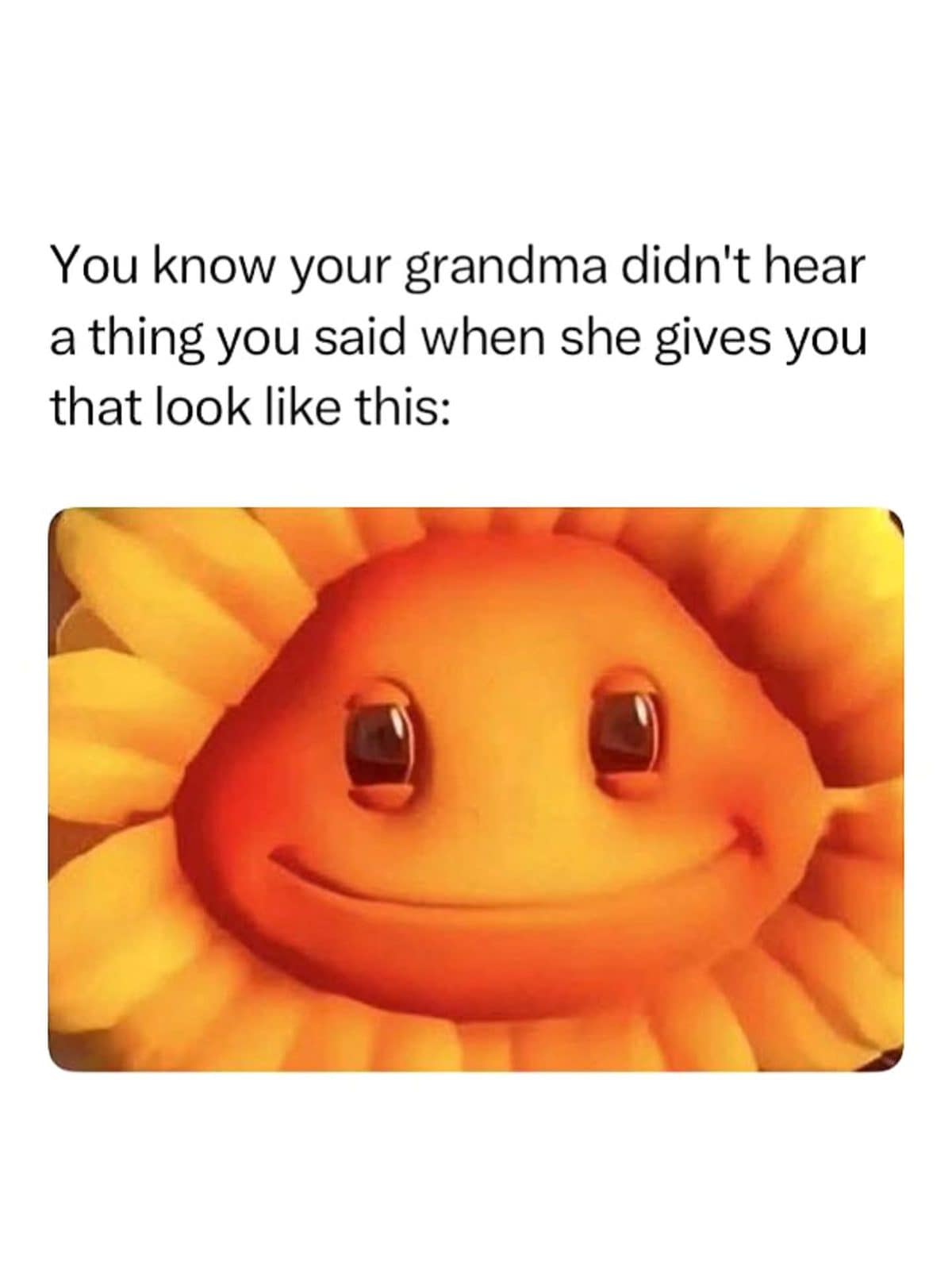 Grandma who did not hear a word you said, shown as a smiling cartoon sunflower