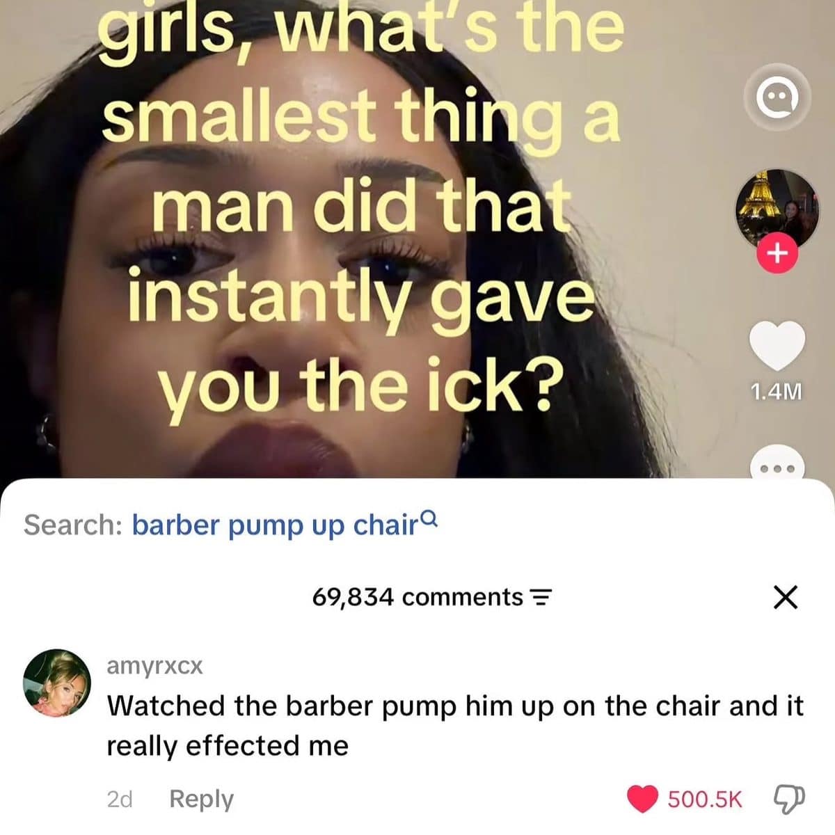 Comment saying watching a barber pump up a man's chair gave her the ick