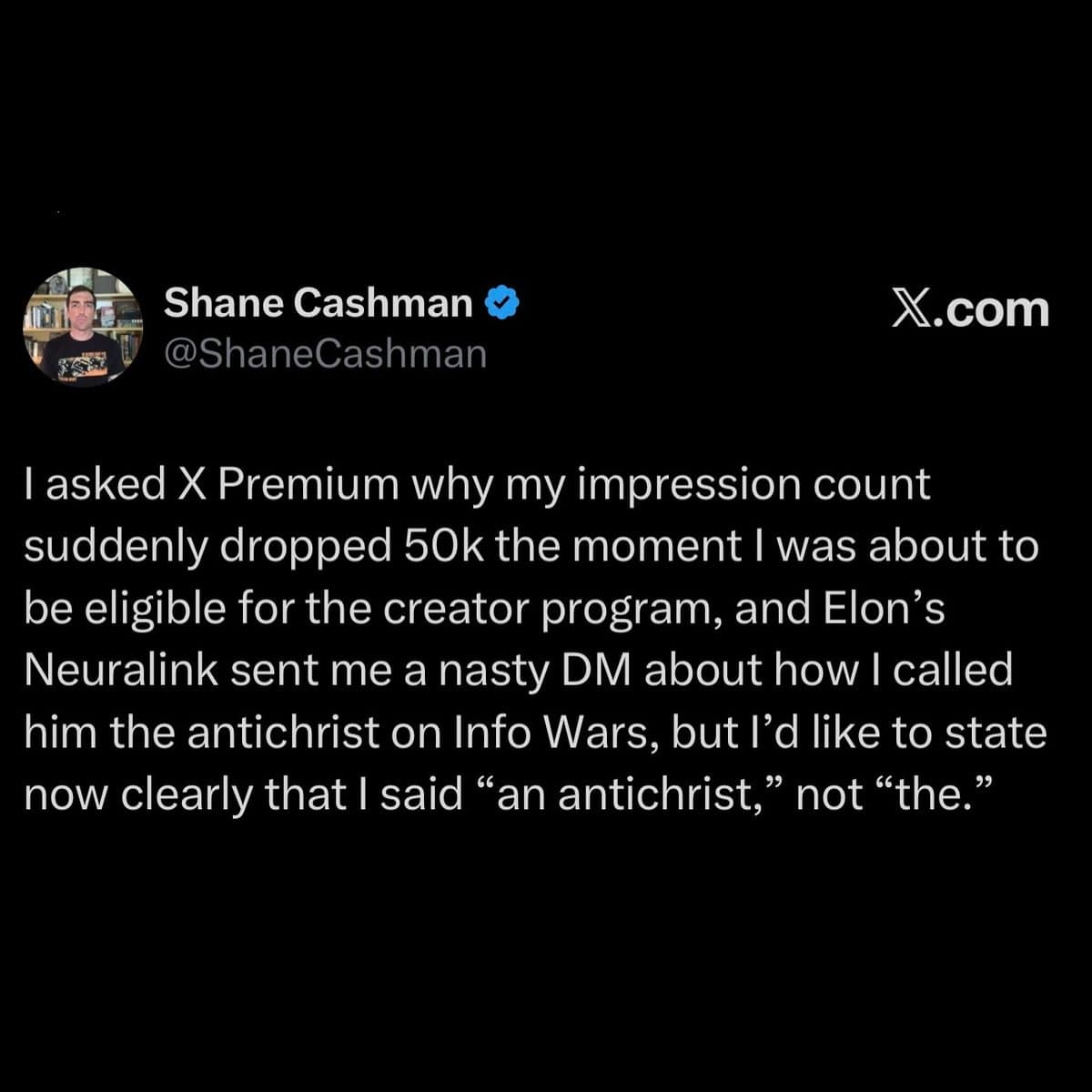Long tweet about X Premium impressions dropping and a clarification about calling someone an antichrist
