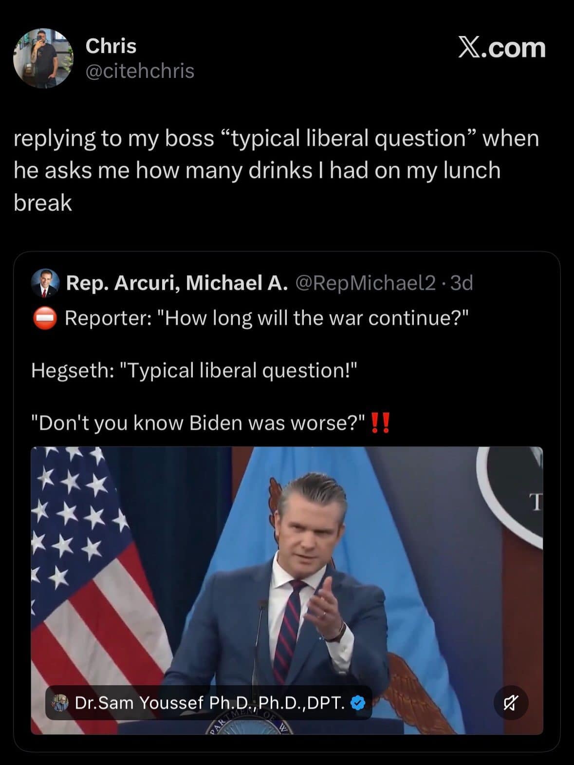 Tweet using a press briefing clip as the reply to a boss asking about lunch drinks