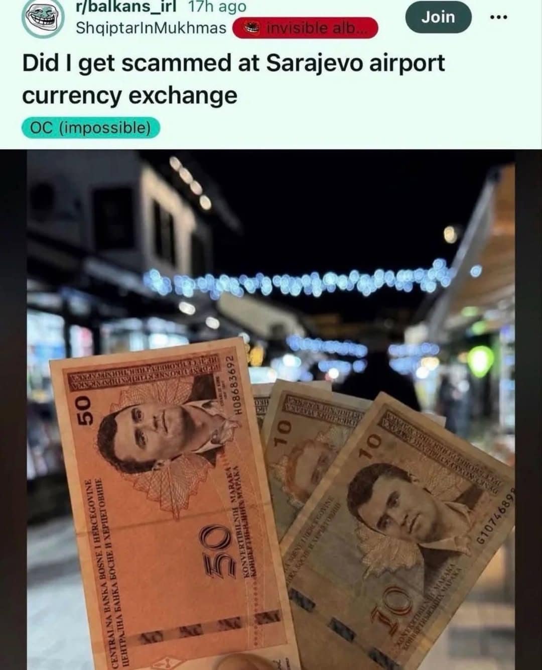 Meme dump post asking if a Sarajevo airport currency exchange scammed them, Bosnian bills shown
