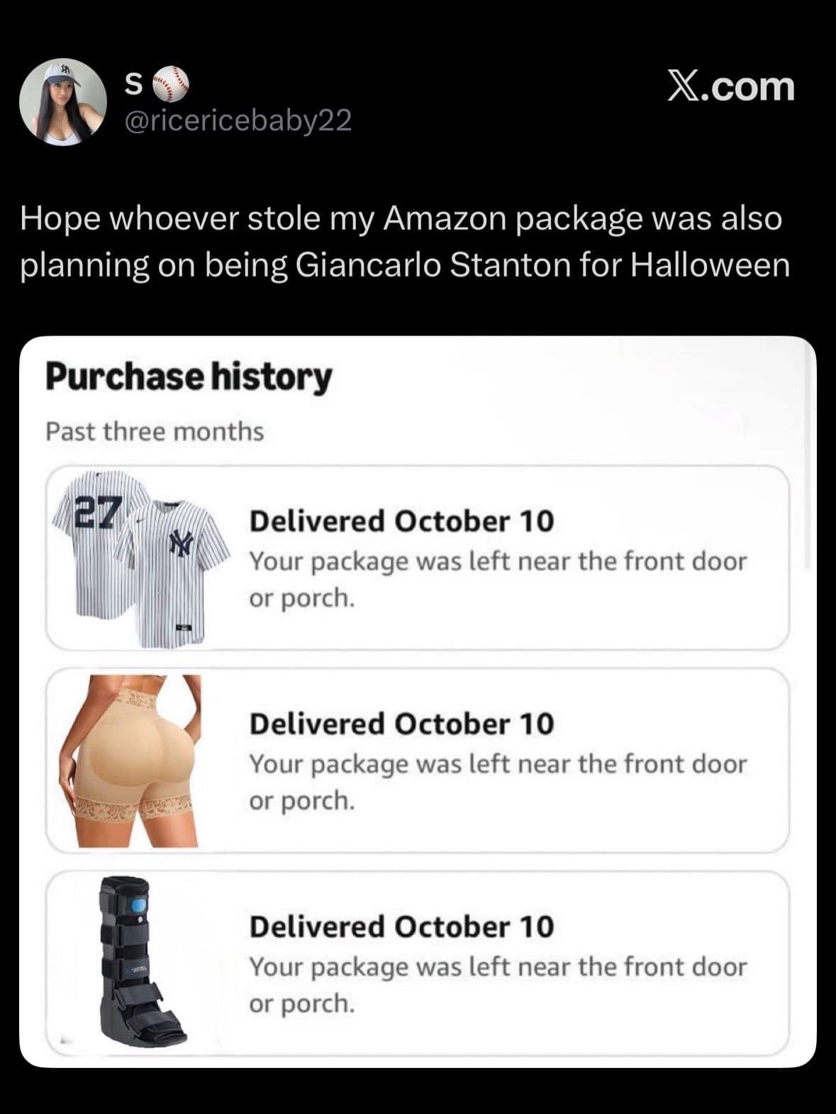 Stolen Amazon package tweet with a Yankees Stanton jersey, shapewear and a walking boot