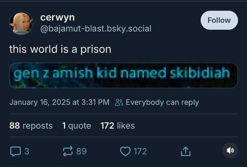 Bluesky post calling the world a prison, captioned gen z amish kid named skibidiah