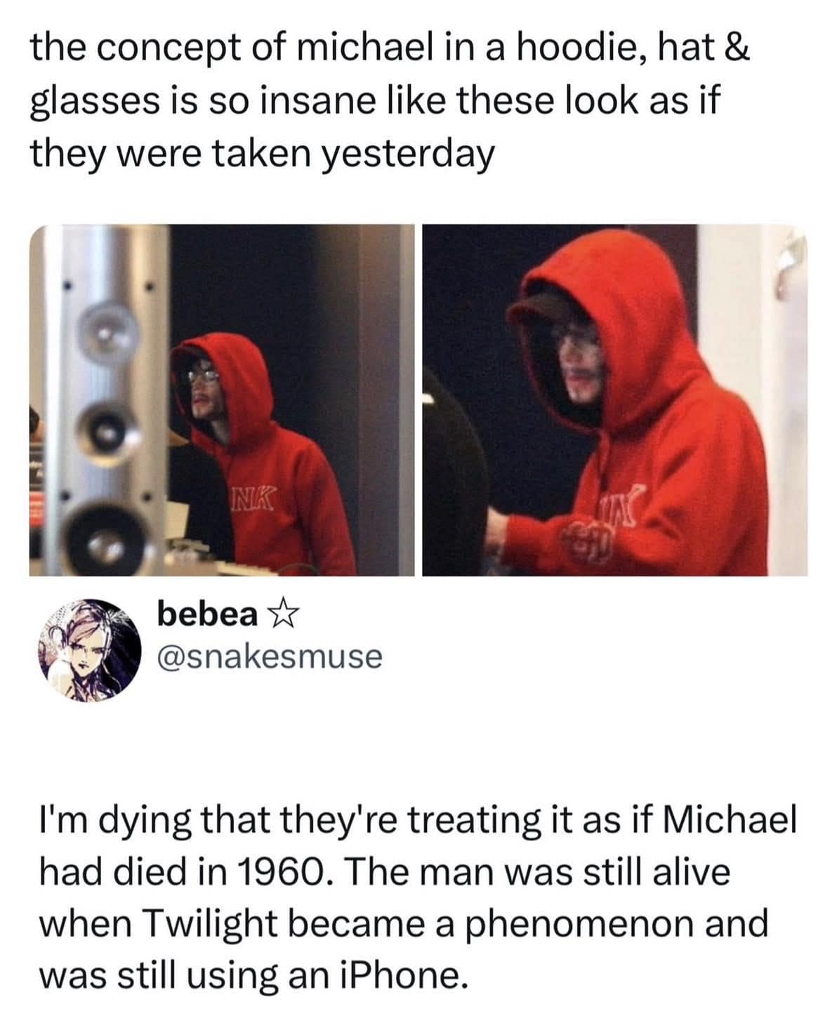 Photos of Michael Jackson in a red hoodie, hat and glasses that look recent