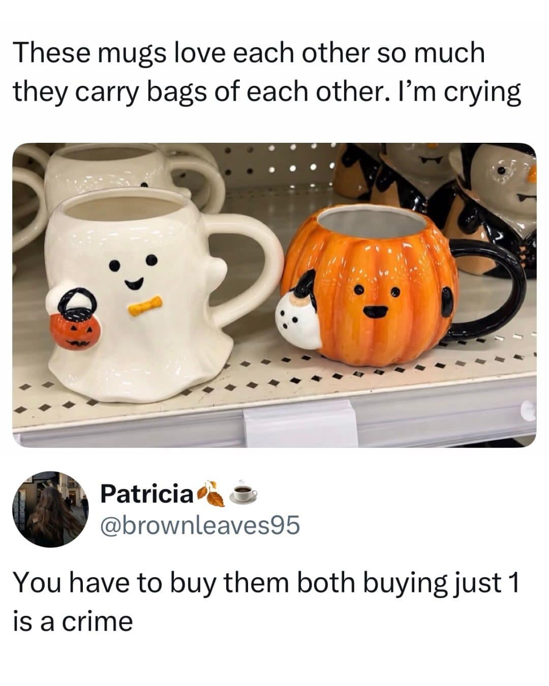 Ghost and pumpkin Halloween mugs on a shelf, each carrying a tiny version of the other
