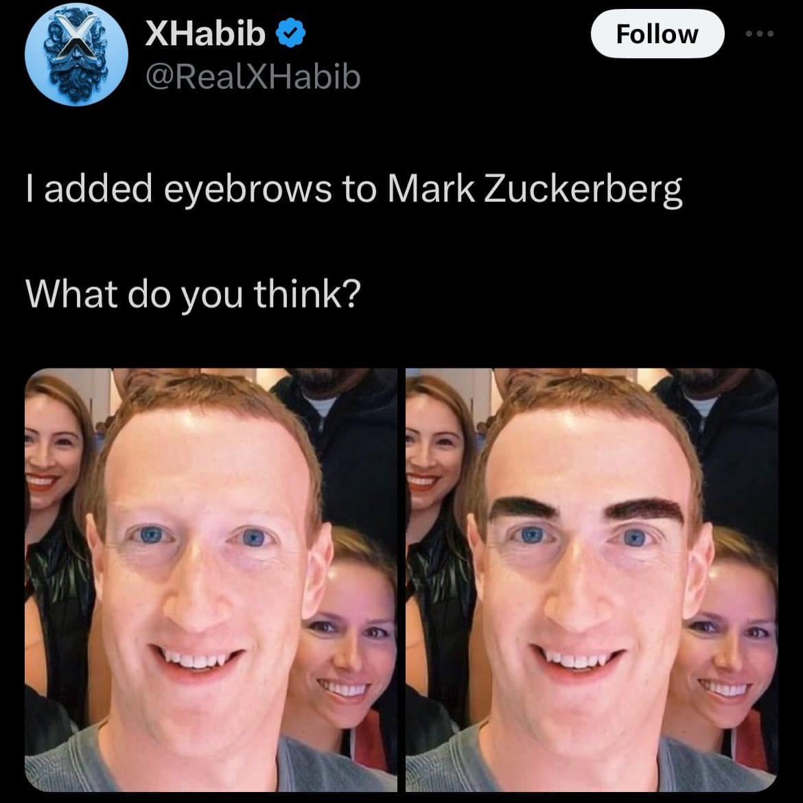 Side by side photos of Mark Zuckerberg before and after someone edited in thick eyebrows