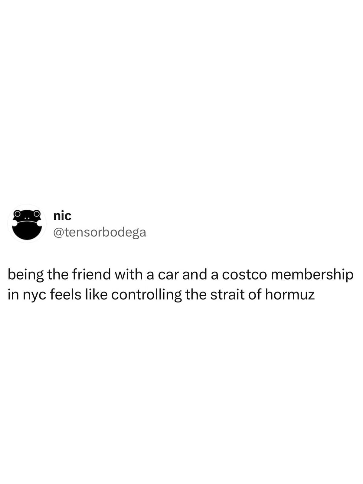 Meme dump tweet comparing a friend with a car and Costco card in NYC to Hormuz