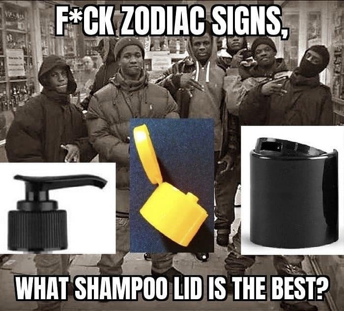 Group of guys posed above three shampoo bottle lids asking which one is the best