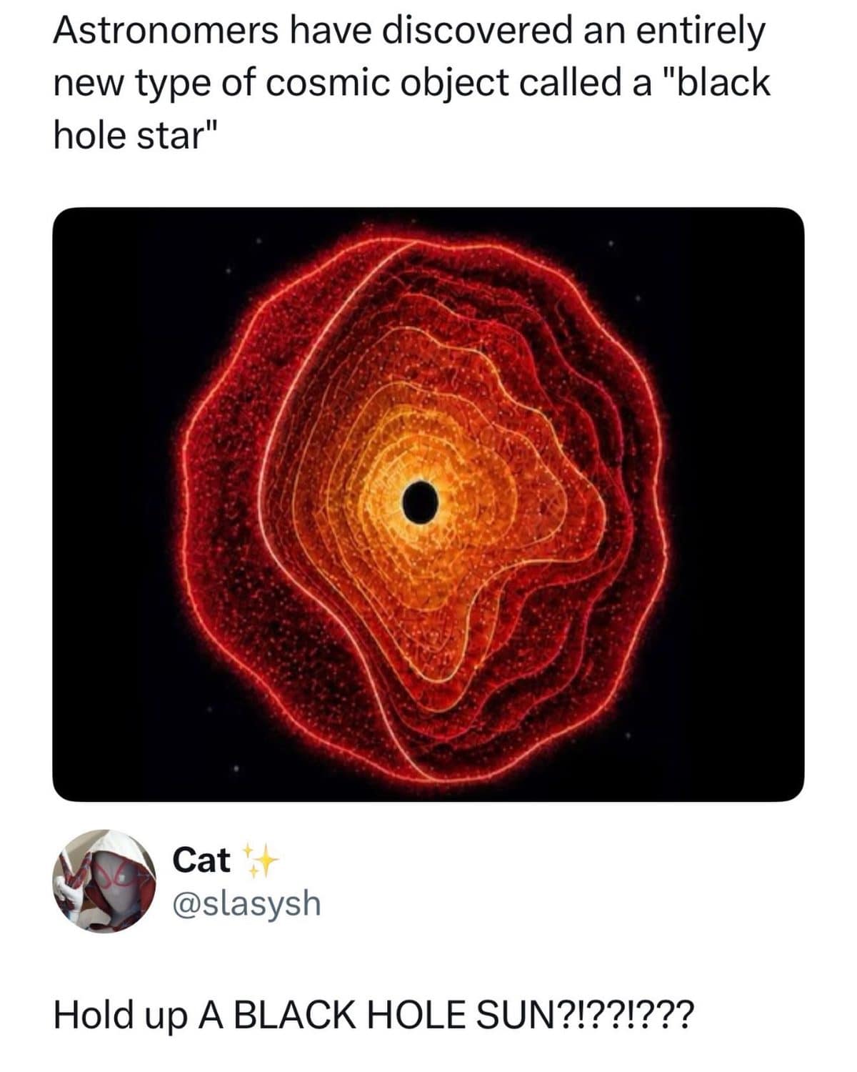 Meme dump reply turning news of a newly found black hole star into Black Hole Sun