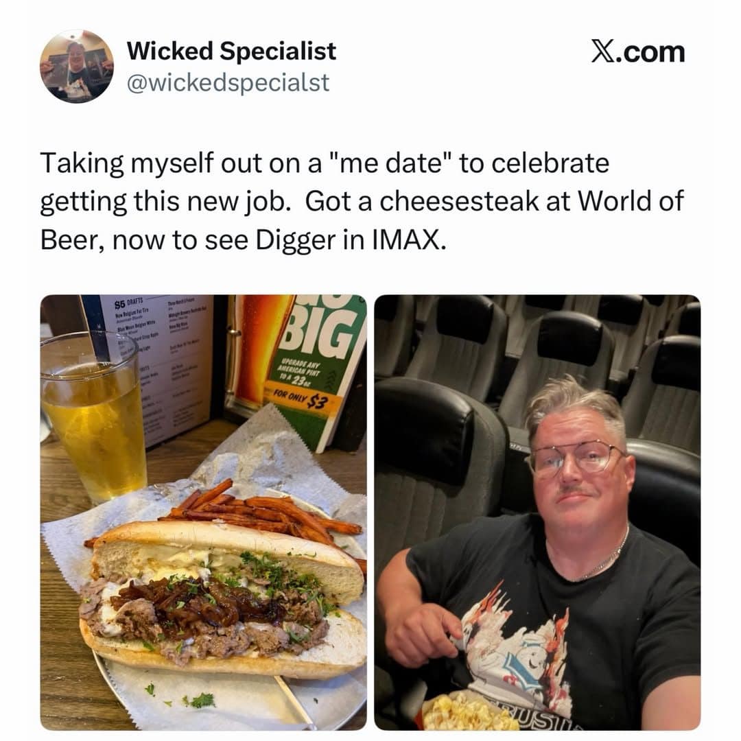 Man celebrating a new job with a cheesesteak, beer and a solo IMAX movie