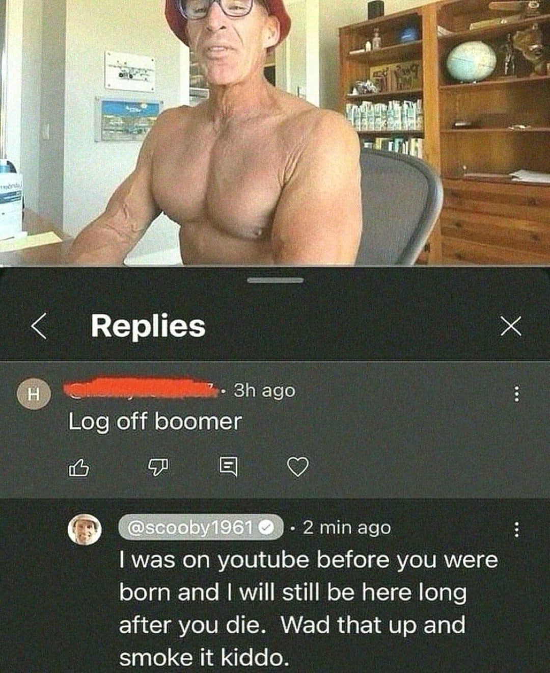 Meme dump screenshot of a shirtless YouTuber telling a commenter he will outlast them