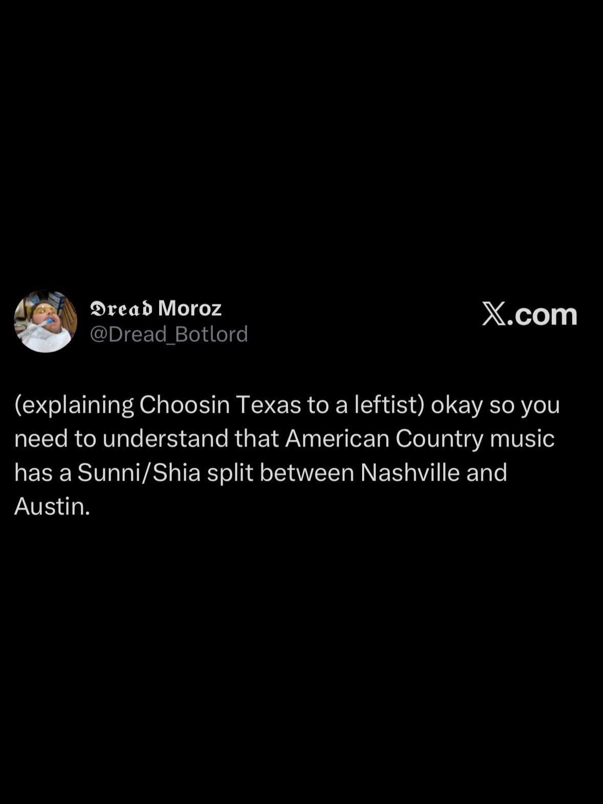 Tweet comparing the Nashville and Austin country music split to a religious schism