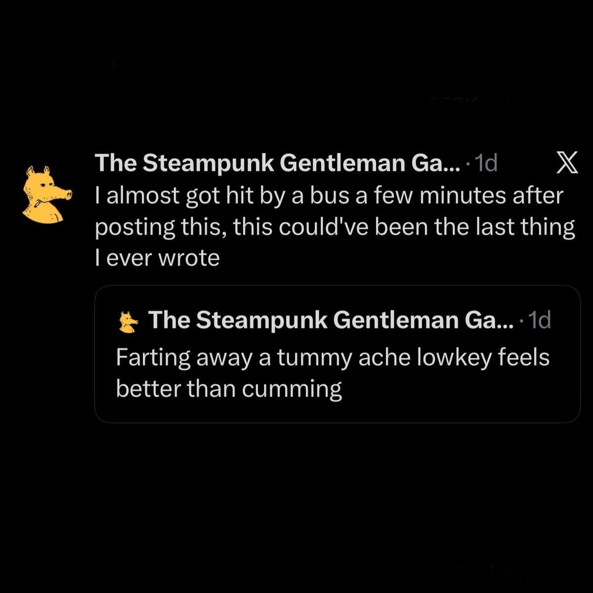 Crude two part tweet about almost getting hit by a bus right after posting