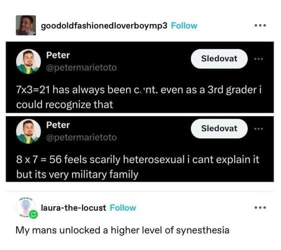 Crude tweets about multiplication facts feeling a certain way, with a synesthesia reply