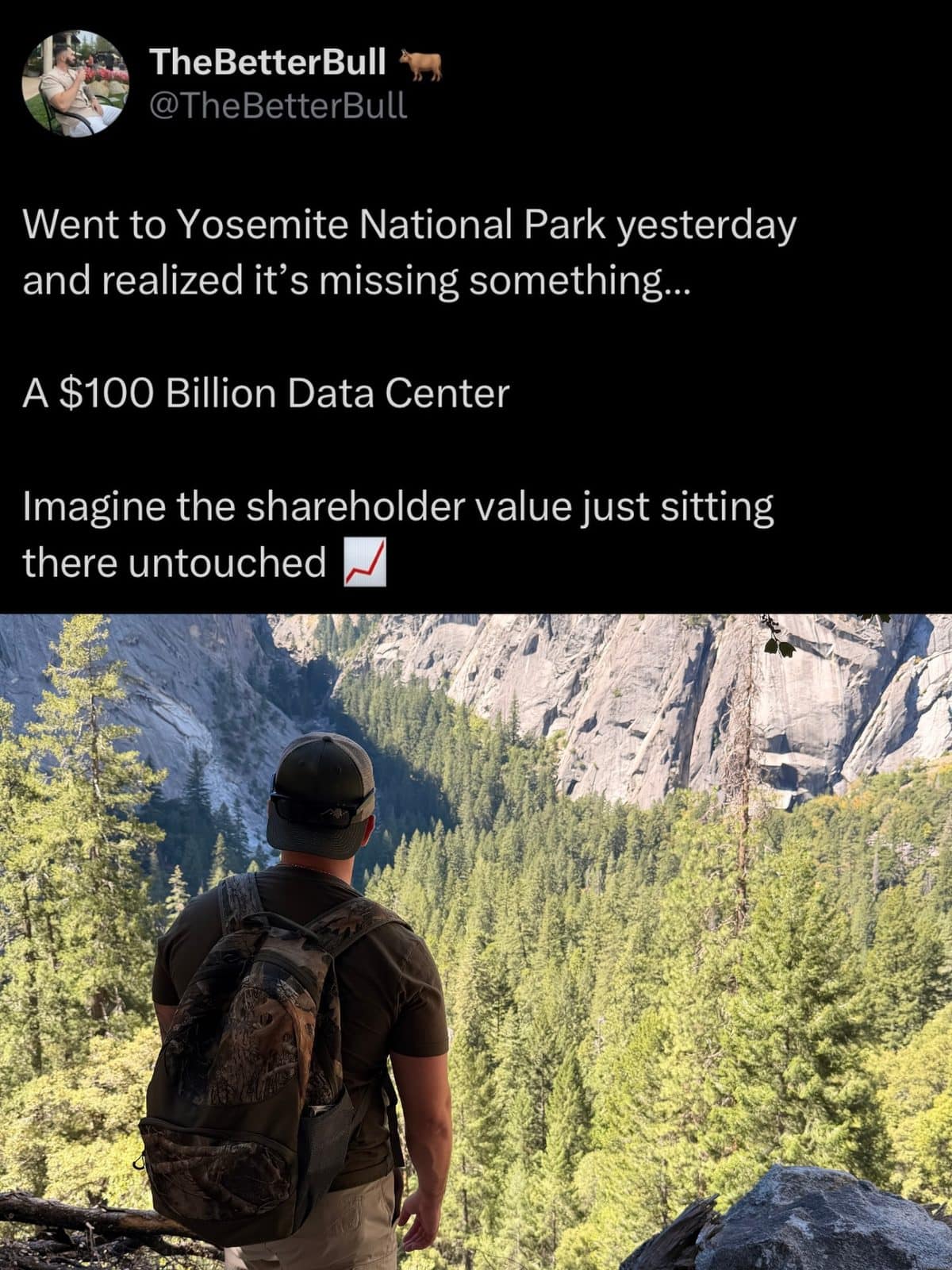 Meme dump tweet joking Yosemite is missing a $100 billion data center