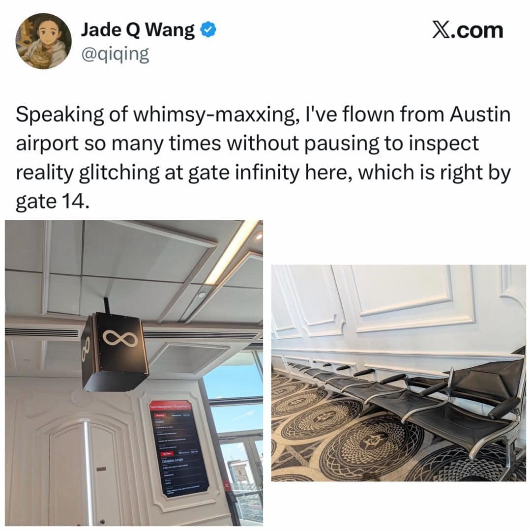 Meme dump tweet about the strange gate infinity waiting area at the Austin airport