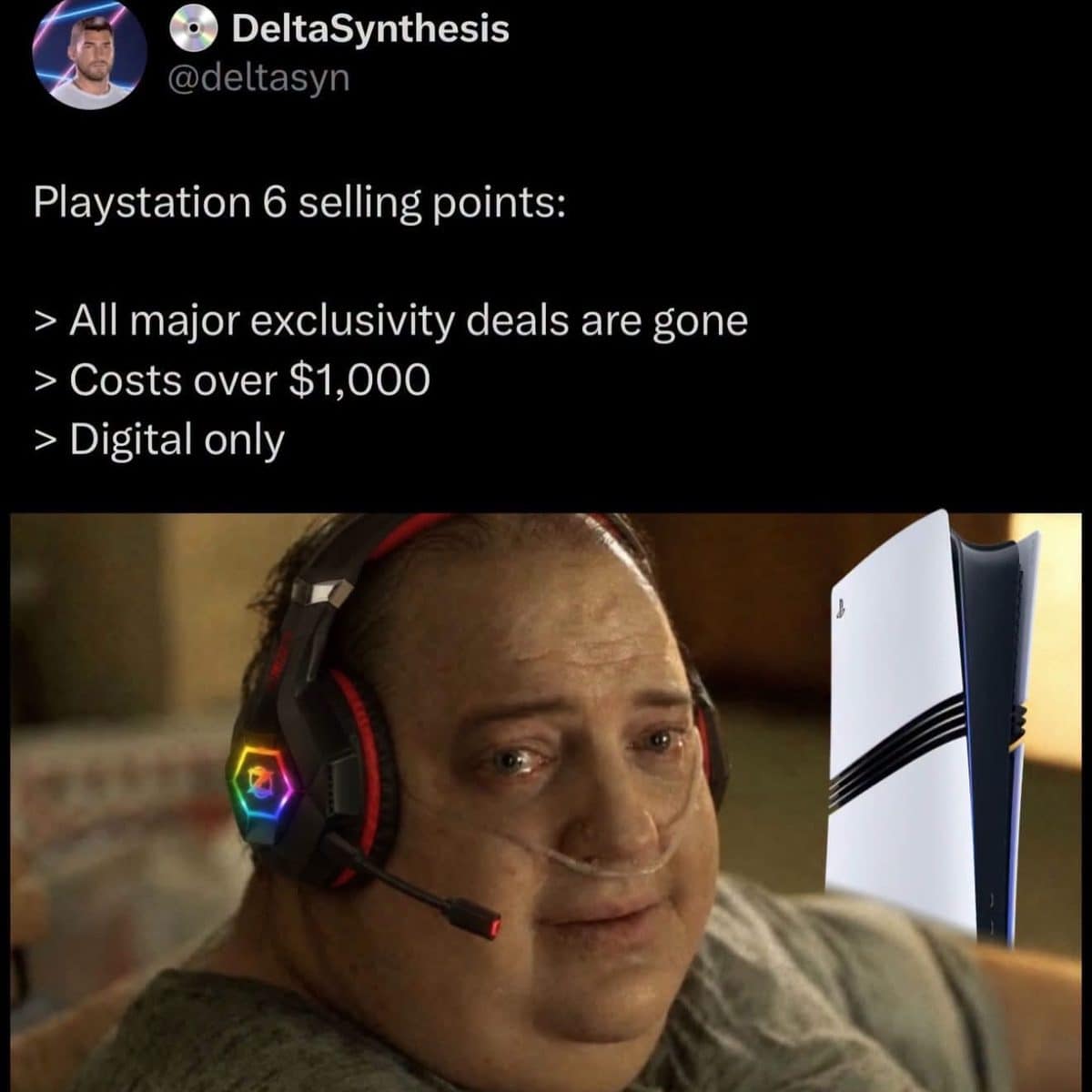 Tweet listing PlayStation 6 selling points beside a tearful gamer wearing a headset